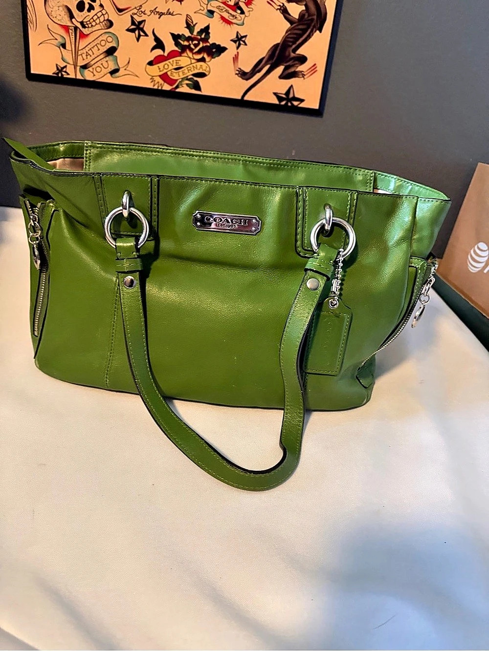 Coach Gallery Tote Leather Large Satchel Green Leather
